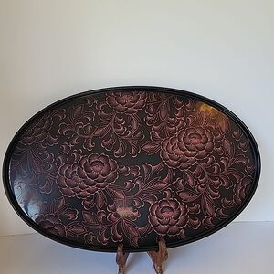 Vintage 1970s Wajima-Nuri Japanese Lacquerware Oval Floral Serving Tray